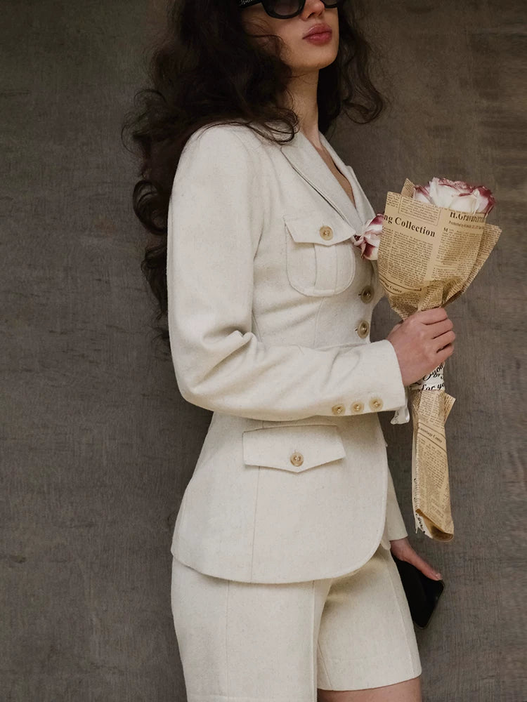 Retro Suit Straight-Leg Shorts French-Style Set Beige Wool Two-Piece