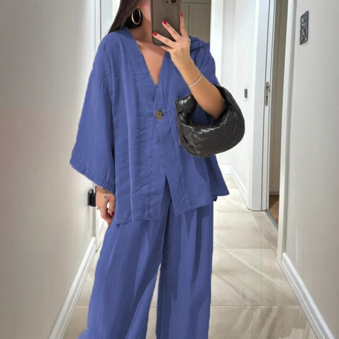 Women's V-neck top and wide-leg pants casual set
