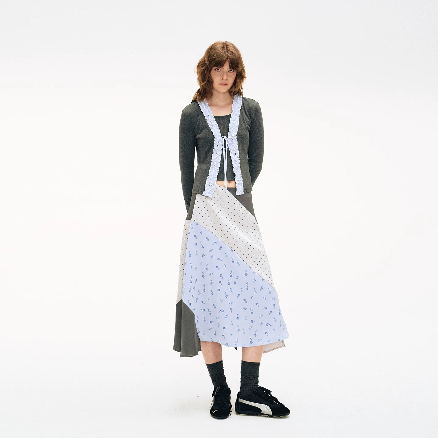 Retro Asymmetric Color-Blocked Satin Print Skirt