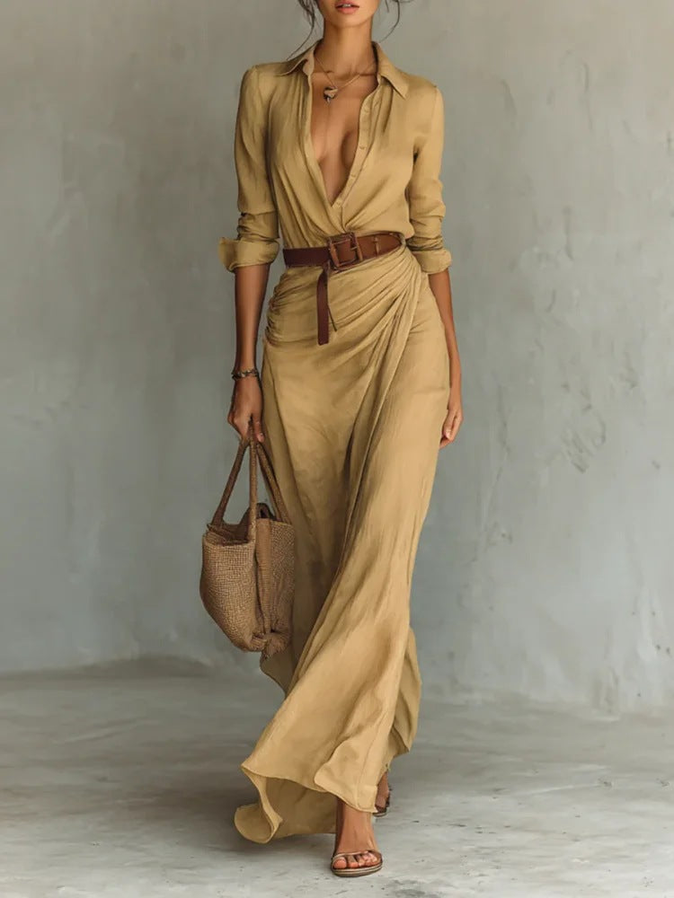 Solid-Color Asymmetric Pleated Belted Dress