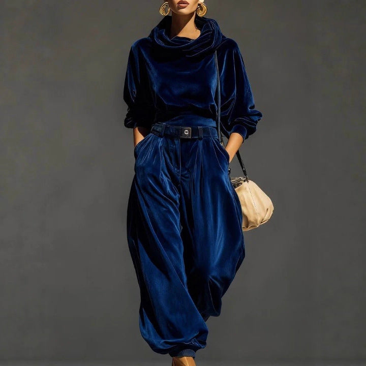 Women's Velvet Hooded Long-Sleeve Tunic with Flared Legs Casual Set