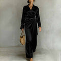 Long-Sleeve Casual Split-Hem Satin Dress