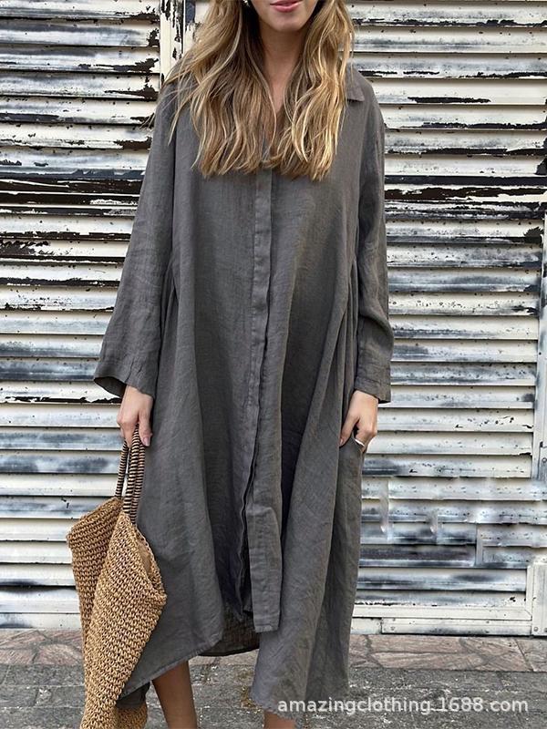 Loose Solid-Color Cotton-Linen Long Dress Shirt Dress