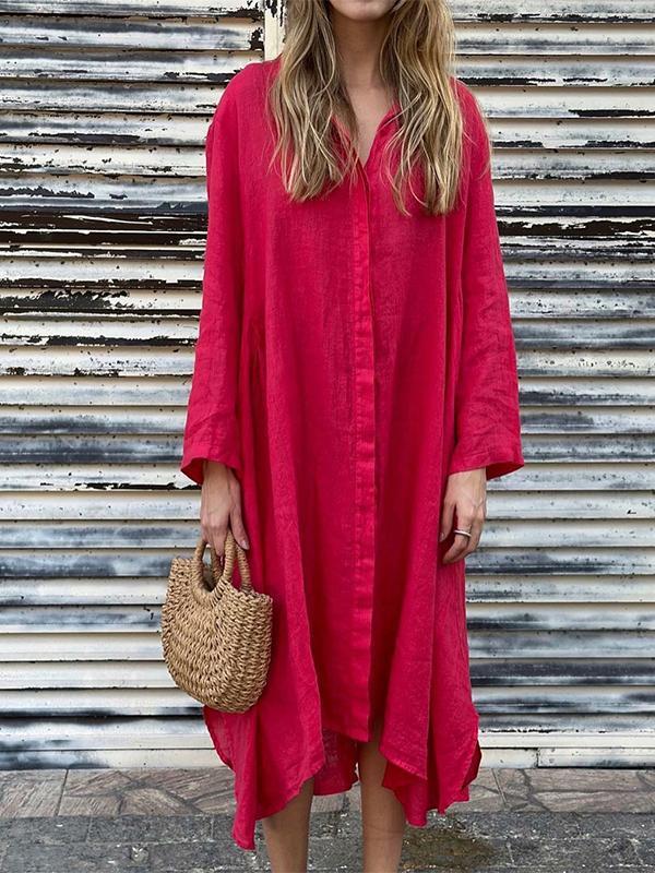 Loose Solid-Color Cotton-Linen Long Dress Shirt Dress