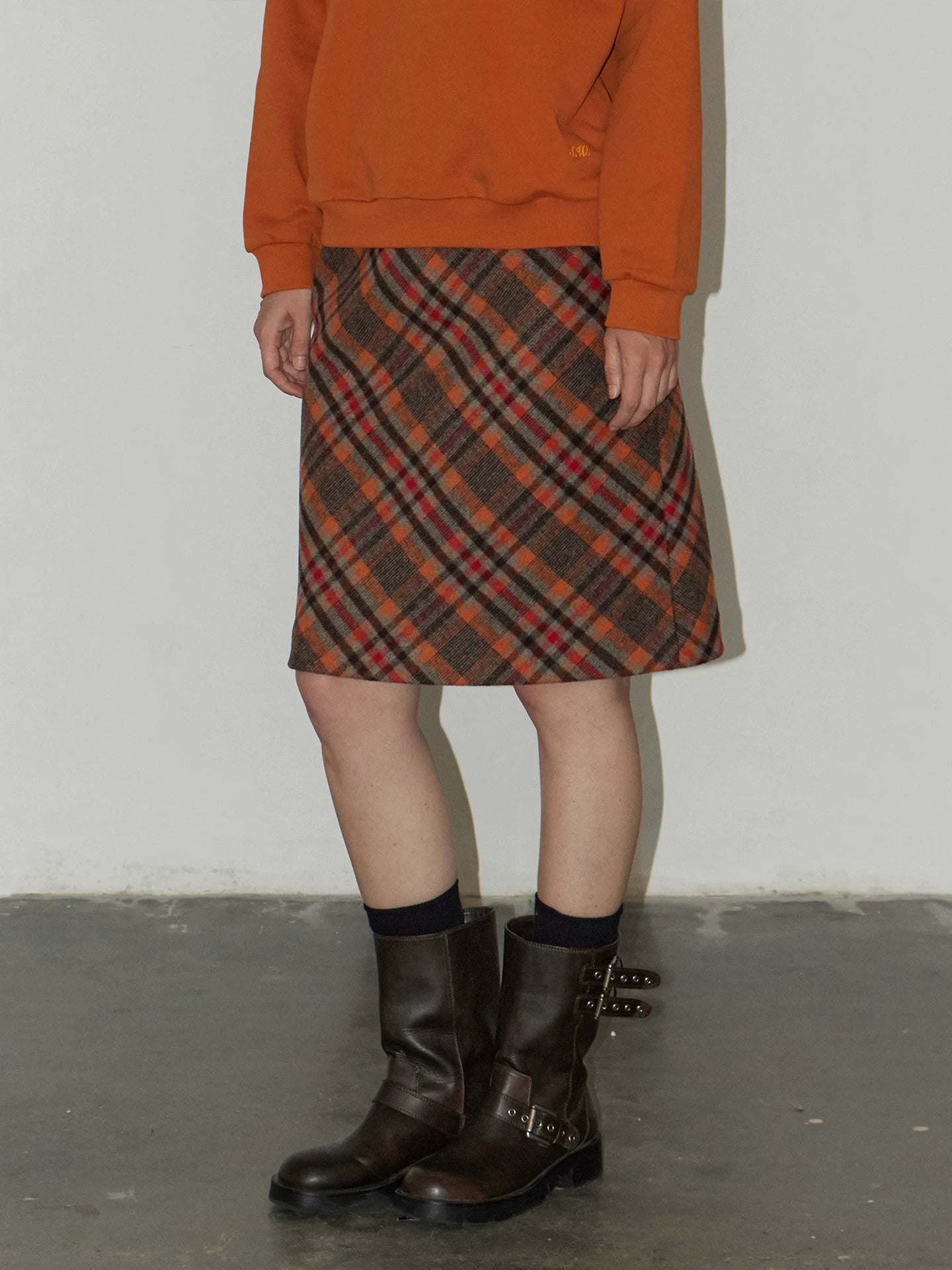 Orange Plaid Wool Skirt with Contrasting Colors
