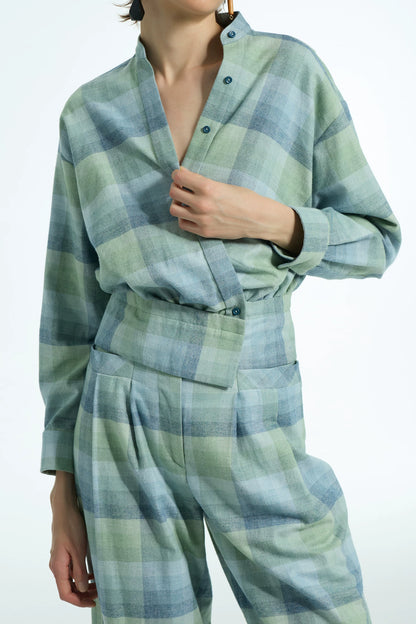 Women's Loose-Fit Casual Checkered V-Neck Short-Sleeve Shirt