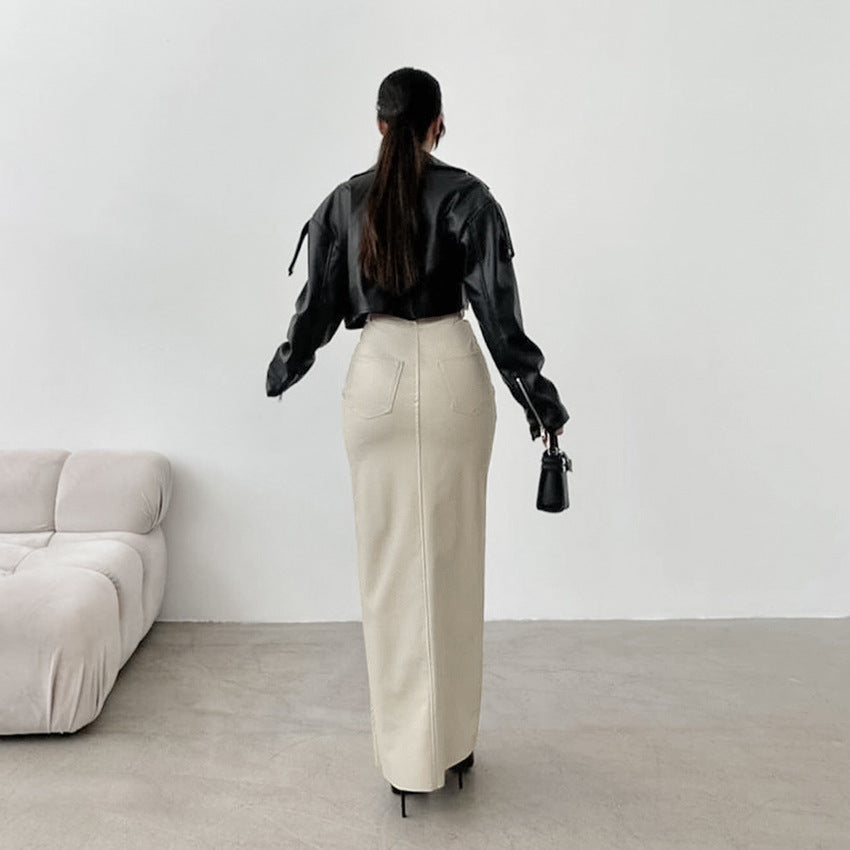 Khaki PU Leather Skirt for Women