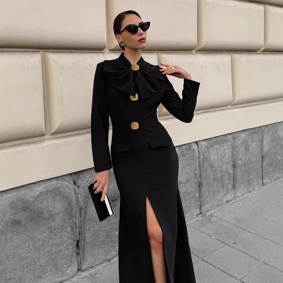 V-neck Bow-Tie Long-Sleeve Dress