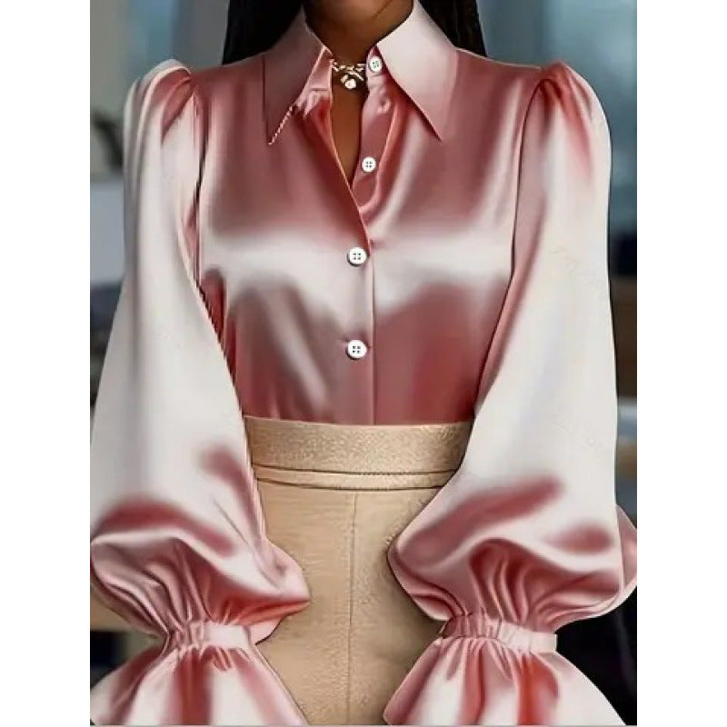 Women's Long-Sleeved Collared Satin Shirt