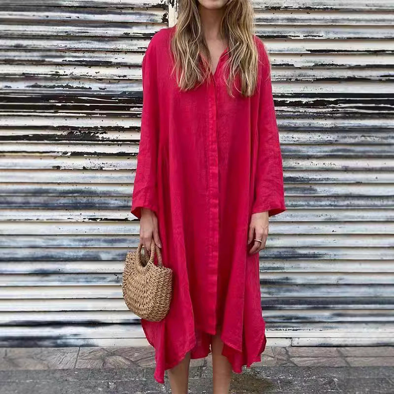 Loose Solid-Color Cotton-Linen Long Dress Shirt Dress