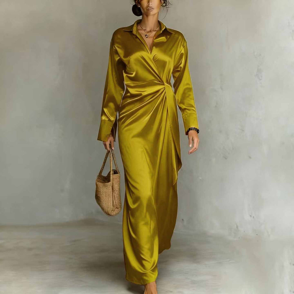 Long-Sleeve Casual Split-Hem Satin Dress