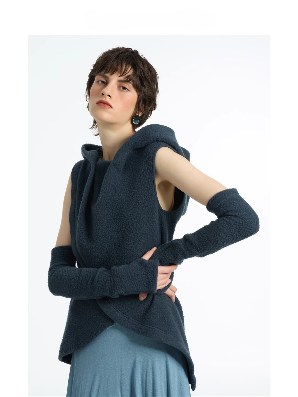 Vest-style top in blue wool fleece