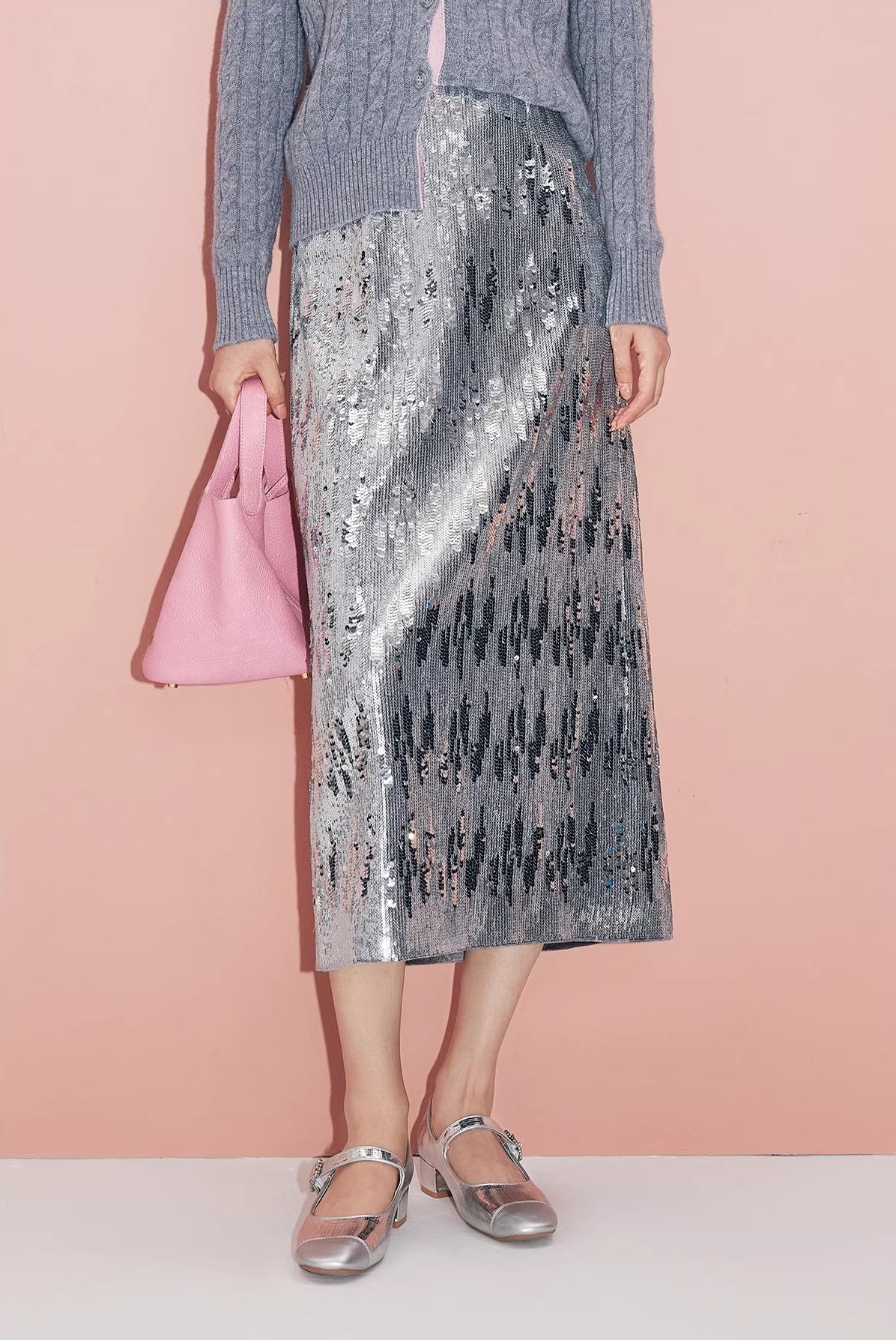 Silver-gray velvet sequin skirt